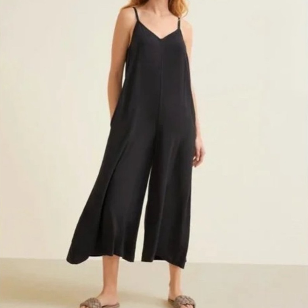 Garnet Hill Wide‎ Leg Relaxed Fit Adjustable Strap  Viscose Jumpsuit Black XS